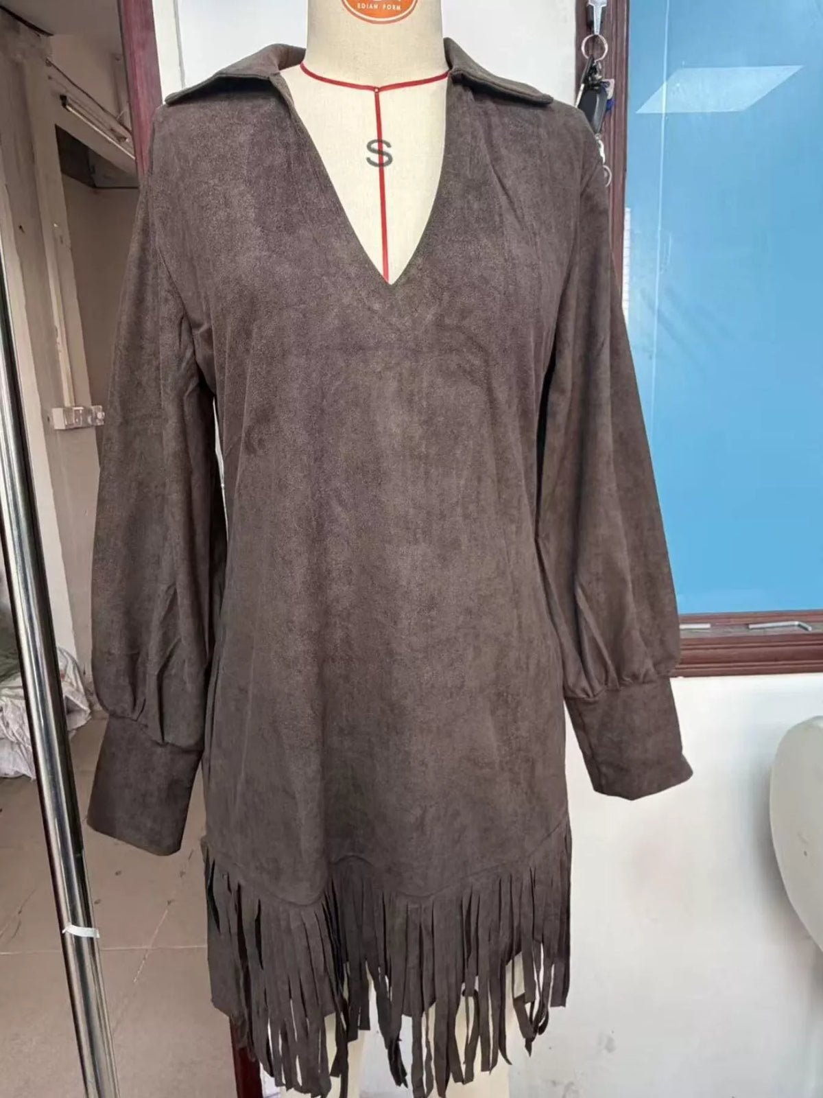 Fringed Lantern Sleeve Dress (2)