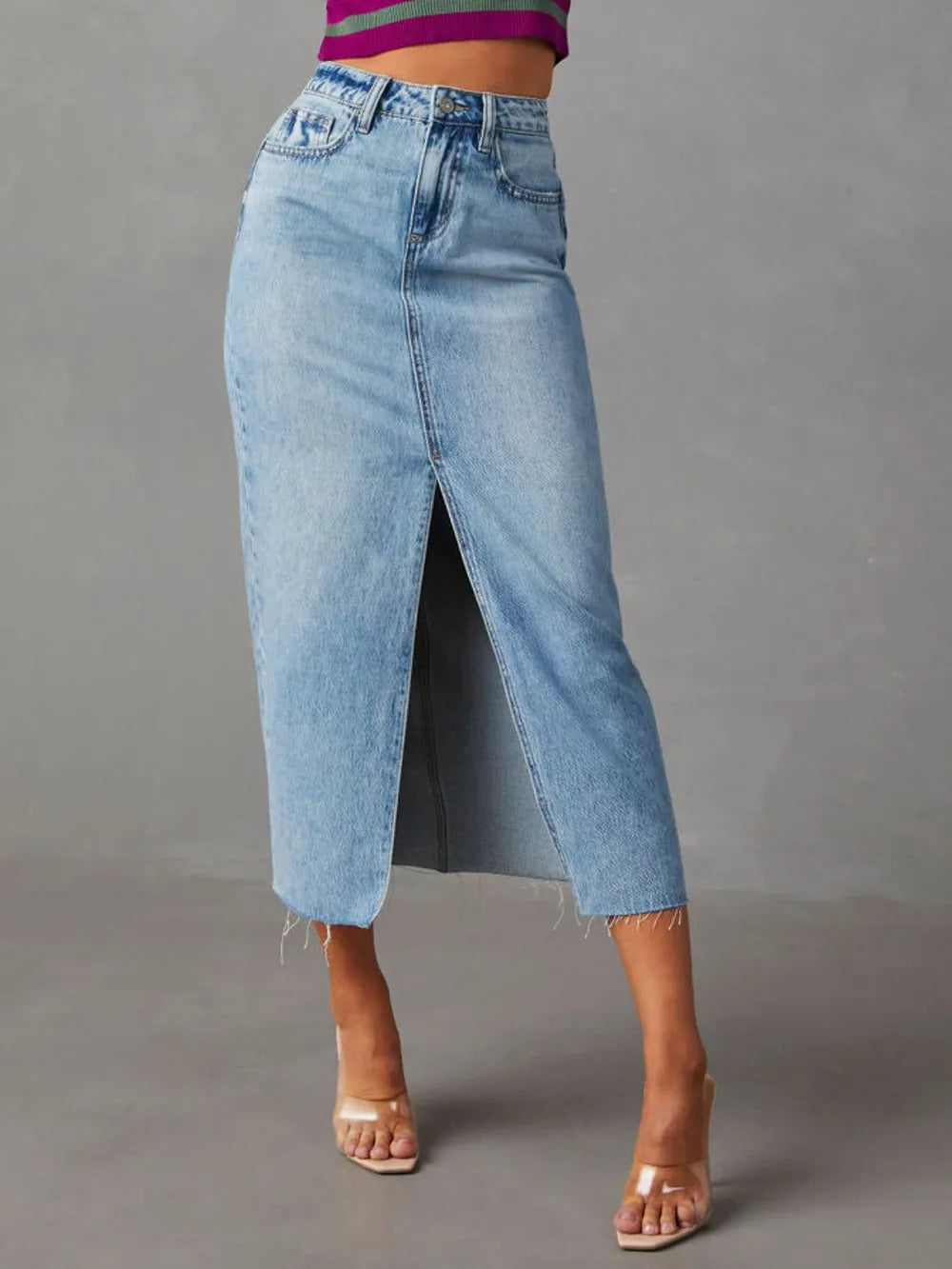 Raw Hem Front Slit Denim Midi Skirt (2)