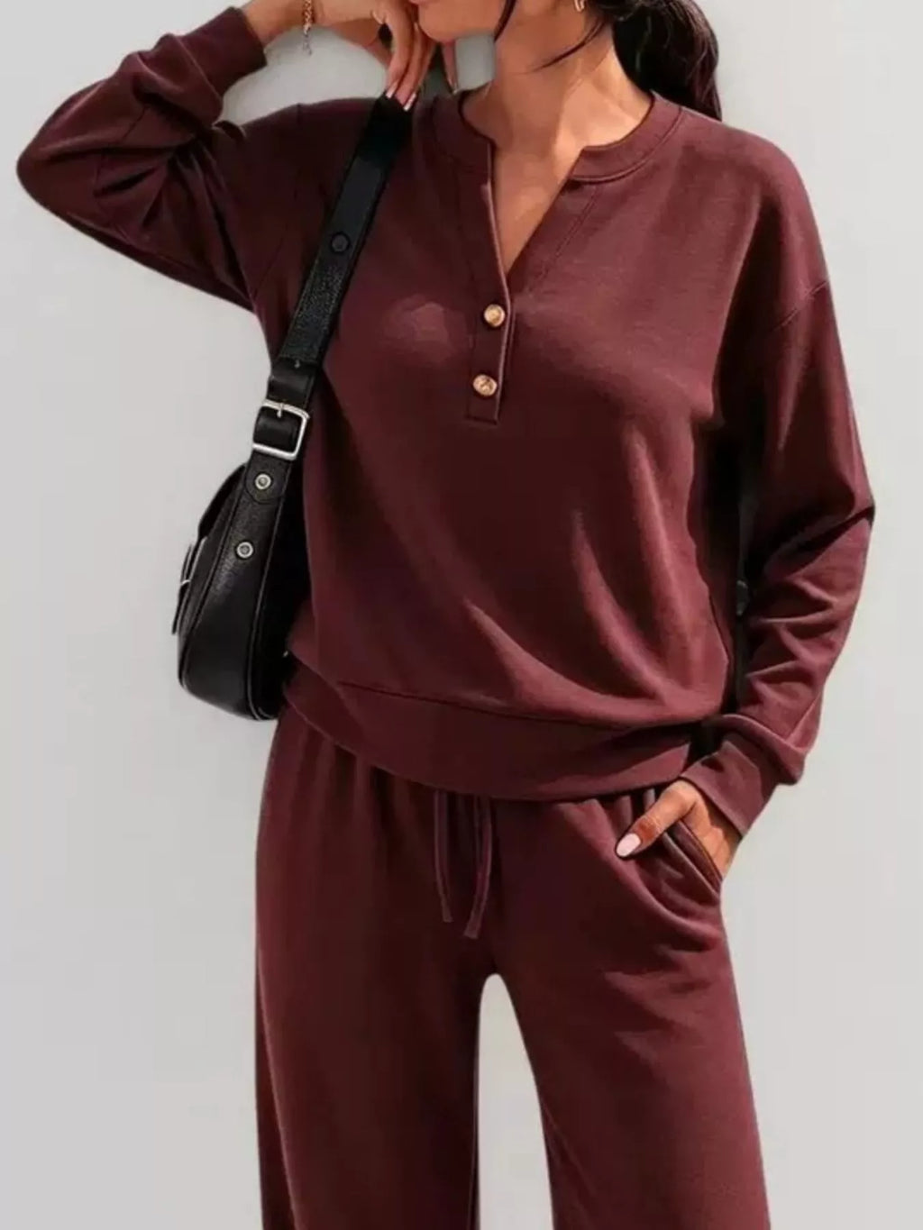 Button Detail Dropped Shoulder Top Pants Set (30)