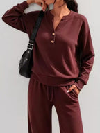 Button Detail Dropped Shoulder Top Pants Set (30)