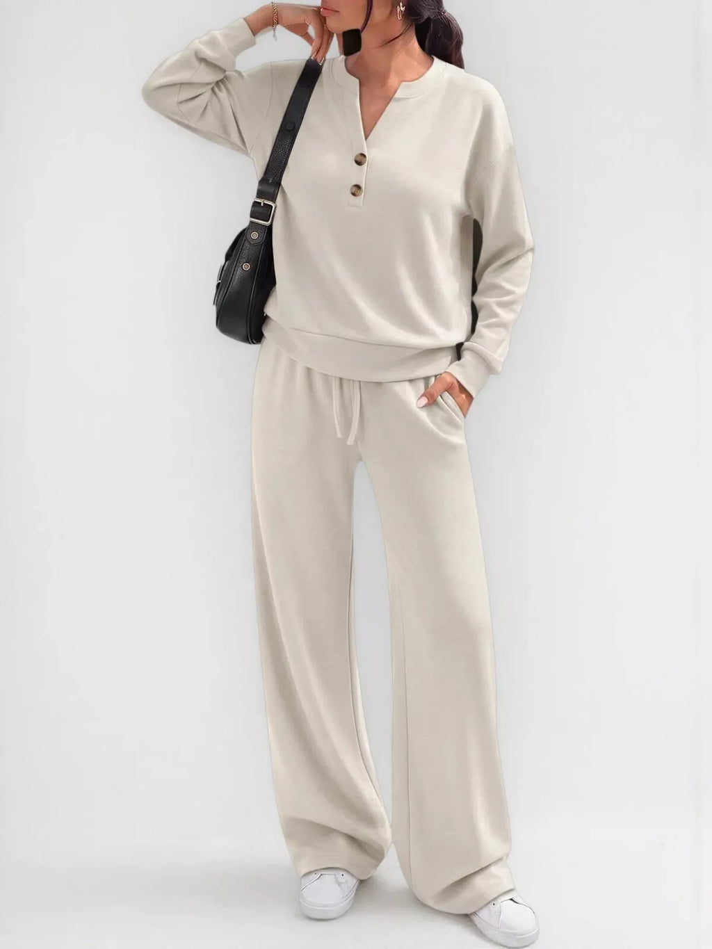 Button Detail Dropped Shoulder Top Pants Set (2)