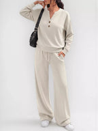 Button Detail Dropped Shoulder Top Pants Set (2)