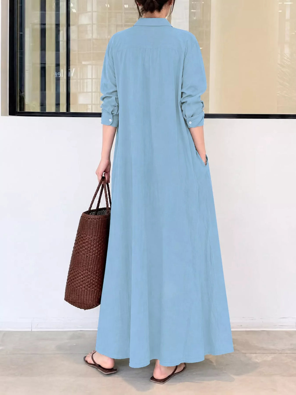 Full Size Button Front Long Sleeve Maxi Shirt Dress Plus (16)