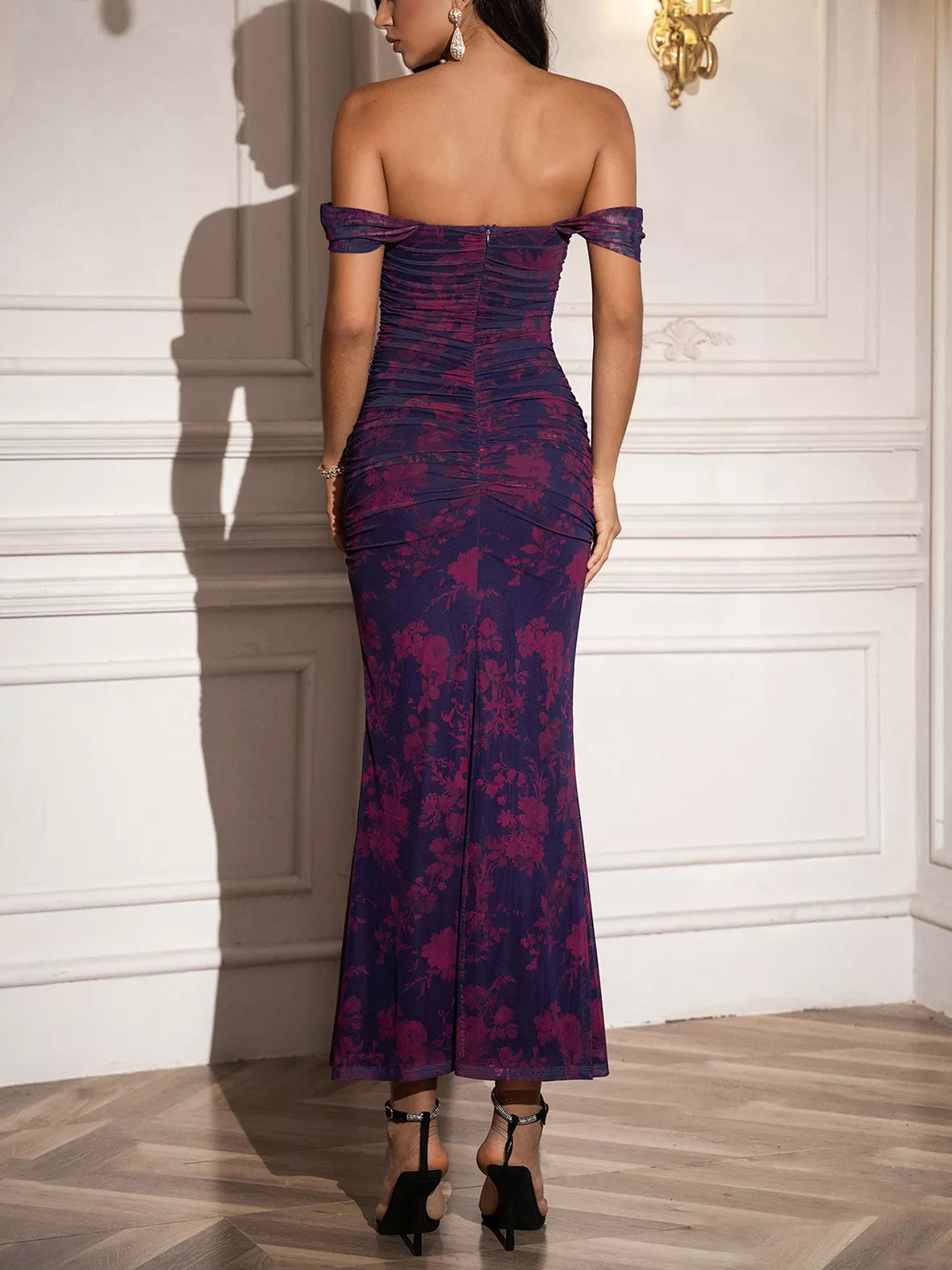 Off-shoulder Ruched Floral Mermaid Dress (36)