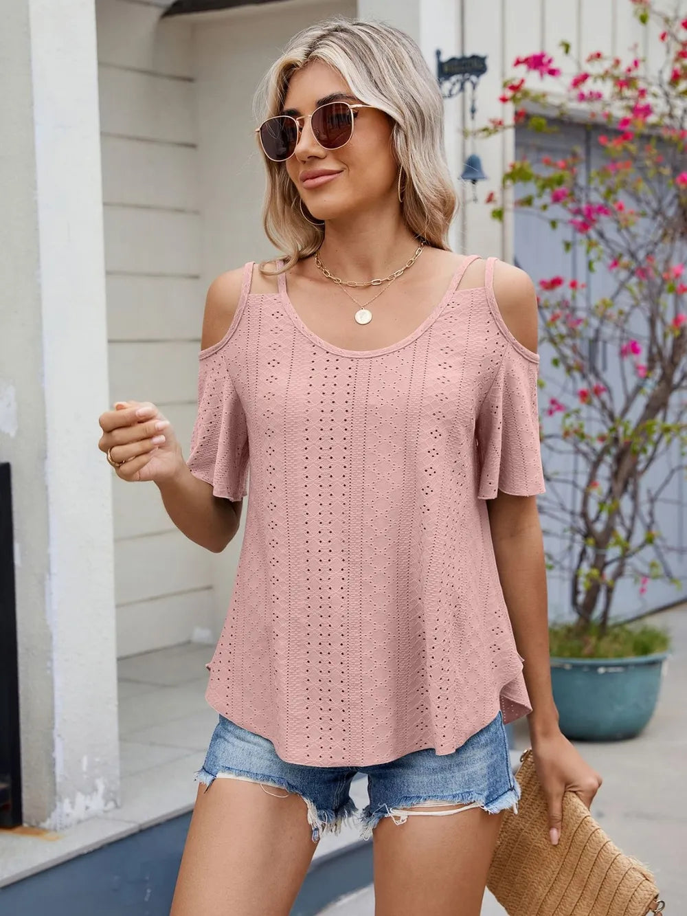 Round Neck Cold Shoulder Eyelet T-shirt (5)