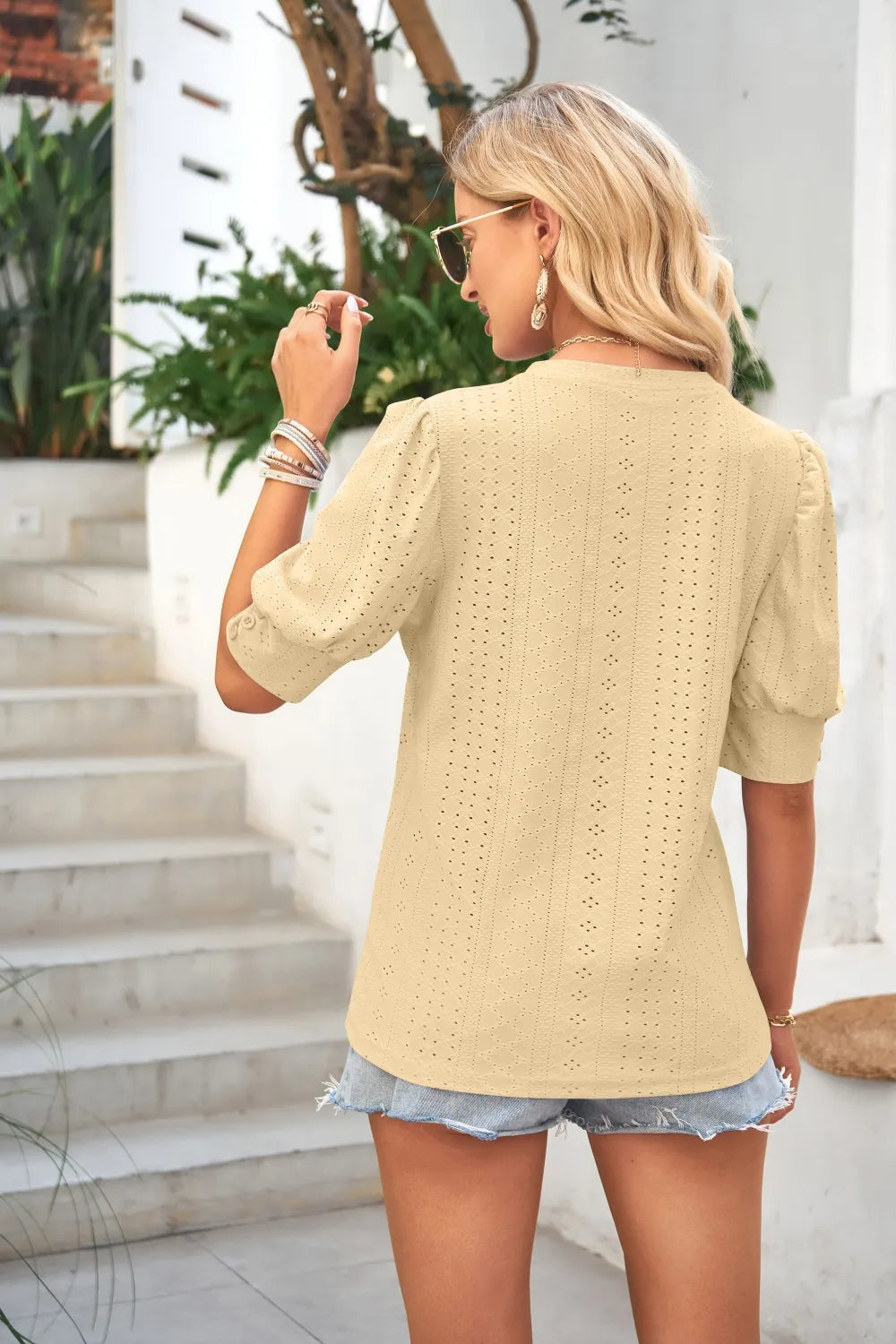 Openwork Round Neck Short Sleeve Blouse (22)