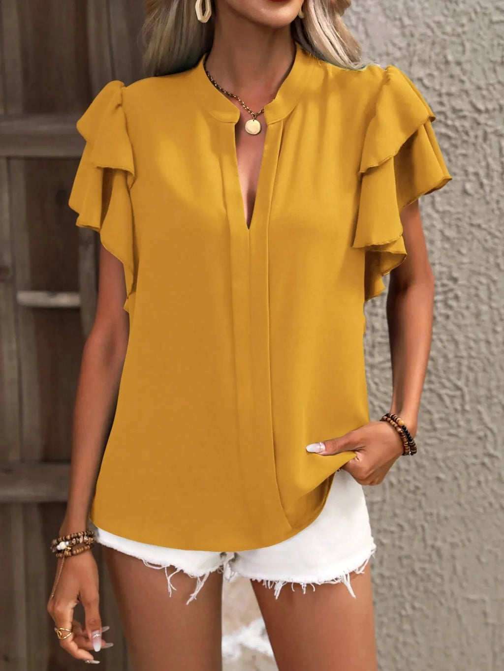 Ruffle Sleeve Notched Blouse (23)