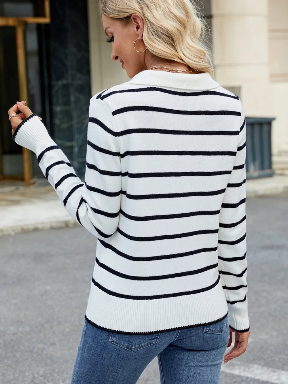 Striped Johnny Collar Long Sleeve Sweater (8)