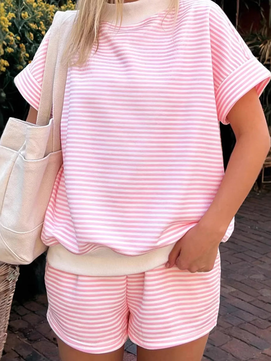 Full Size Striped Round Neck Tee Shorts Set Plus