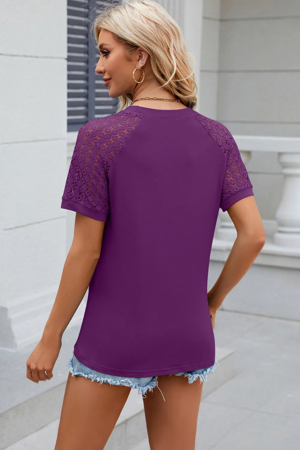 Openwork Round Neck Short Sleeve T-shirt (34)