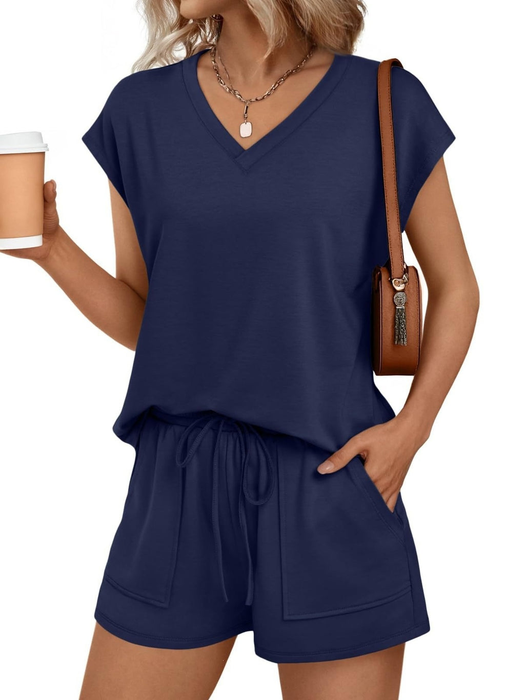 Casual V-neck T-shirt Shorts Set (18)