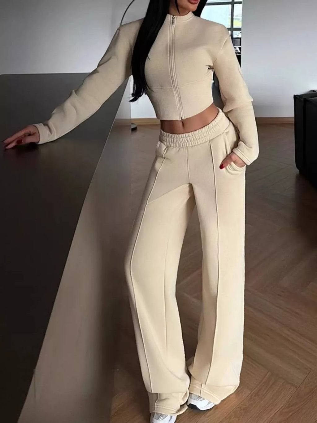 Zip-up Crop Jacket Wide-leg Pants Set (2)