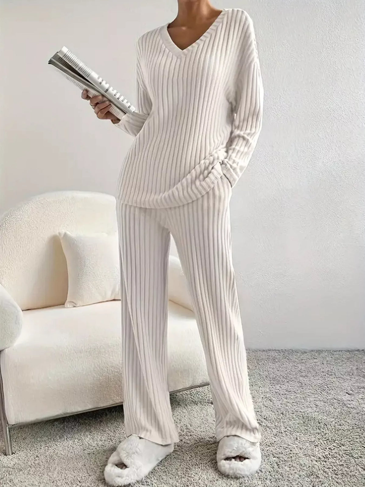 Ribbed Knit V-neck Top Pants Set (3)