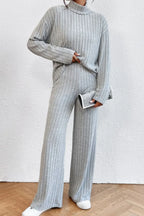 Mock Neck Dropped Shoulder Top Pants Set