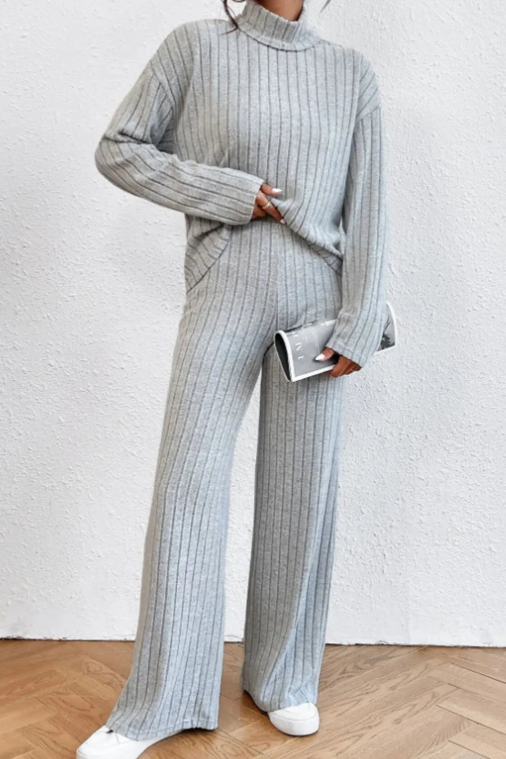 Mock Neck Dropped Shoulder Top Pants Set