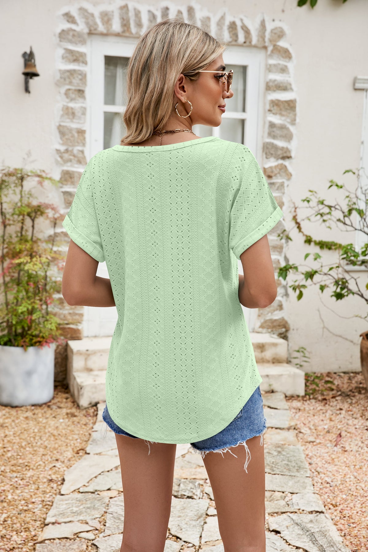 Full Size Round Neck Eyelet Short Sleeve Top (21)
