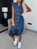 Collared Neck Cap Sleeve Denim Dress (2)