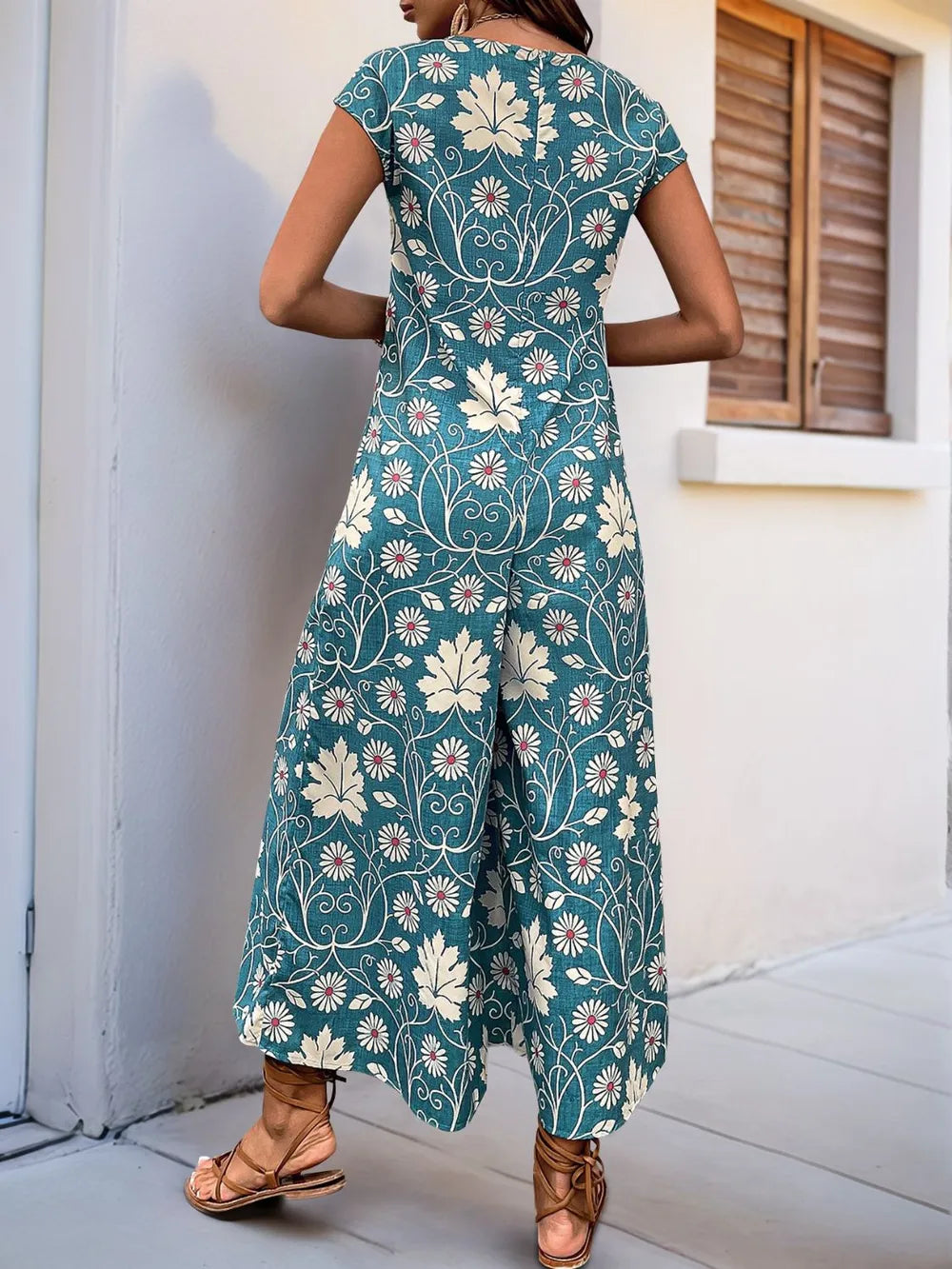 Printed Round Neck Cap Sleeve Wide Leg Jumpsuit (3)
