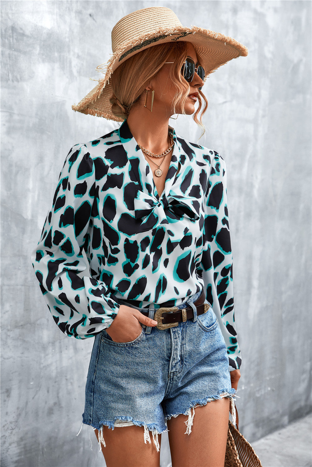 Printed Tie Neck Puff Sleeve Blouse (17)