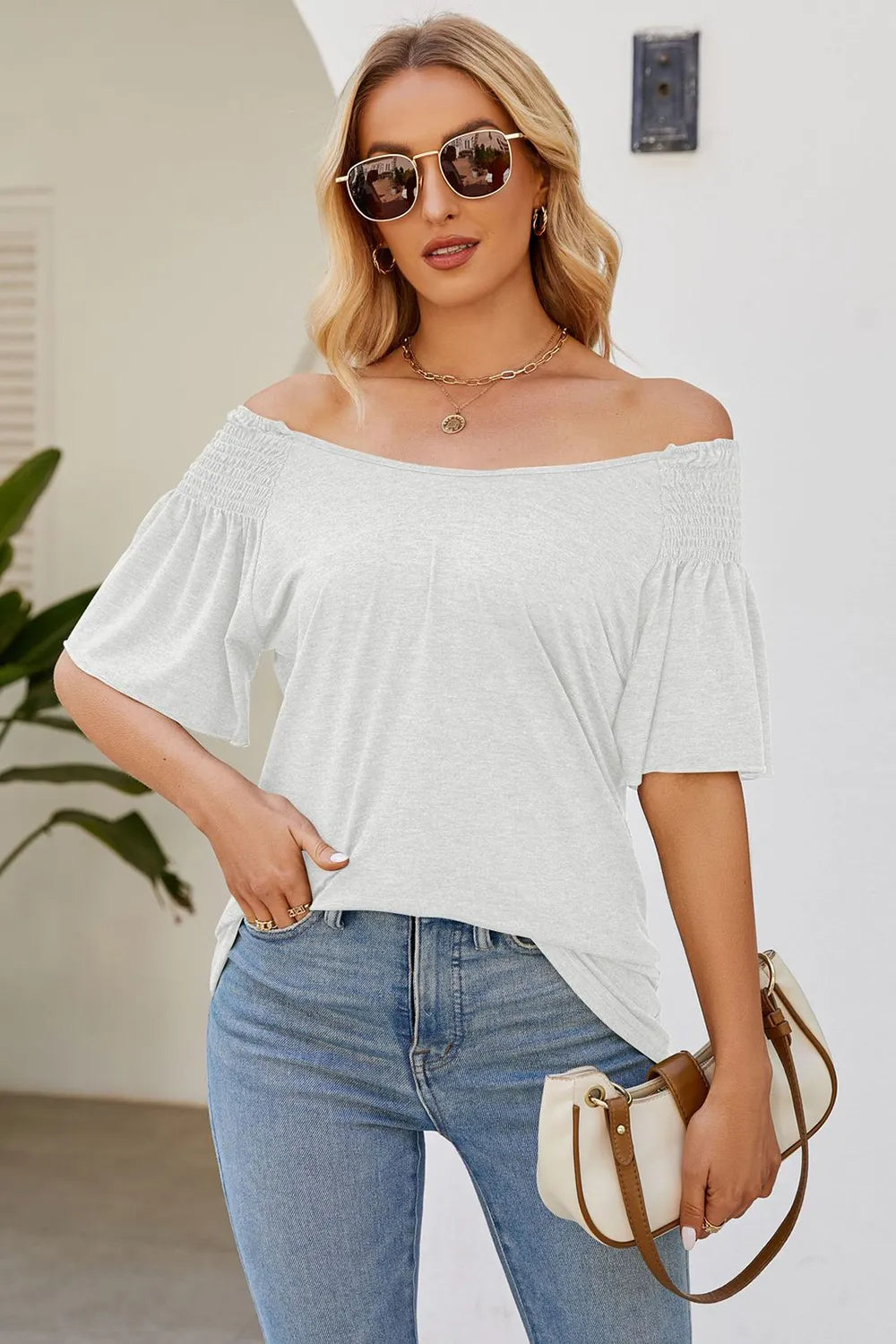 Smocked Round Neck Flutter Sleeve T-shirt