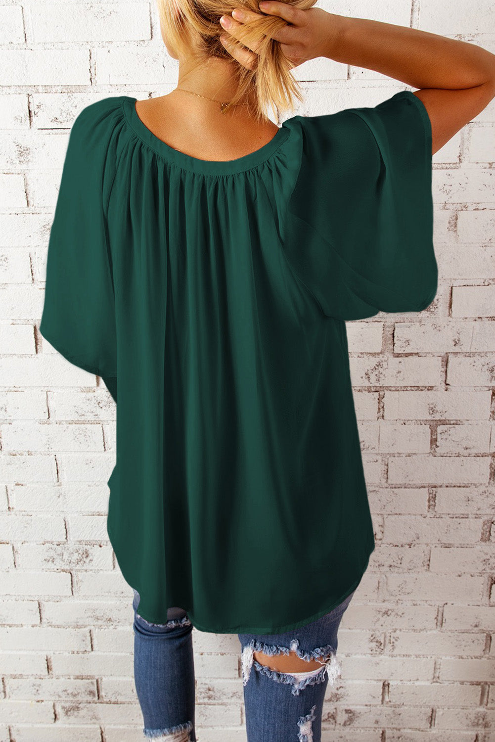 Gathered Detail Notched Neck Flutter Sleeve Top (17)