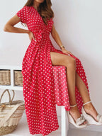 Polka Dot Surplice Maxi Dress Slit (9)