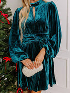 Velvet Mock Neck Balloon Sleeve Dress (2)