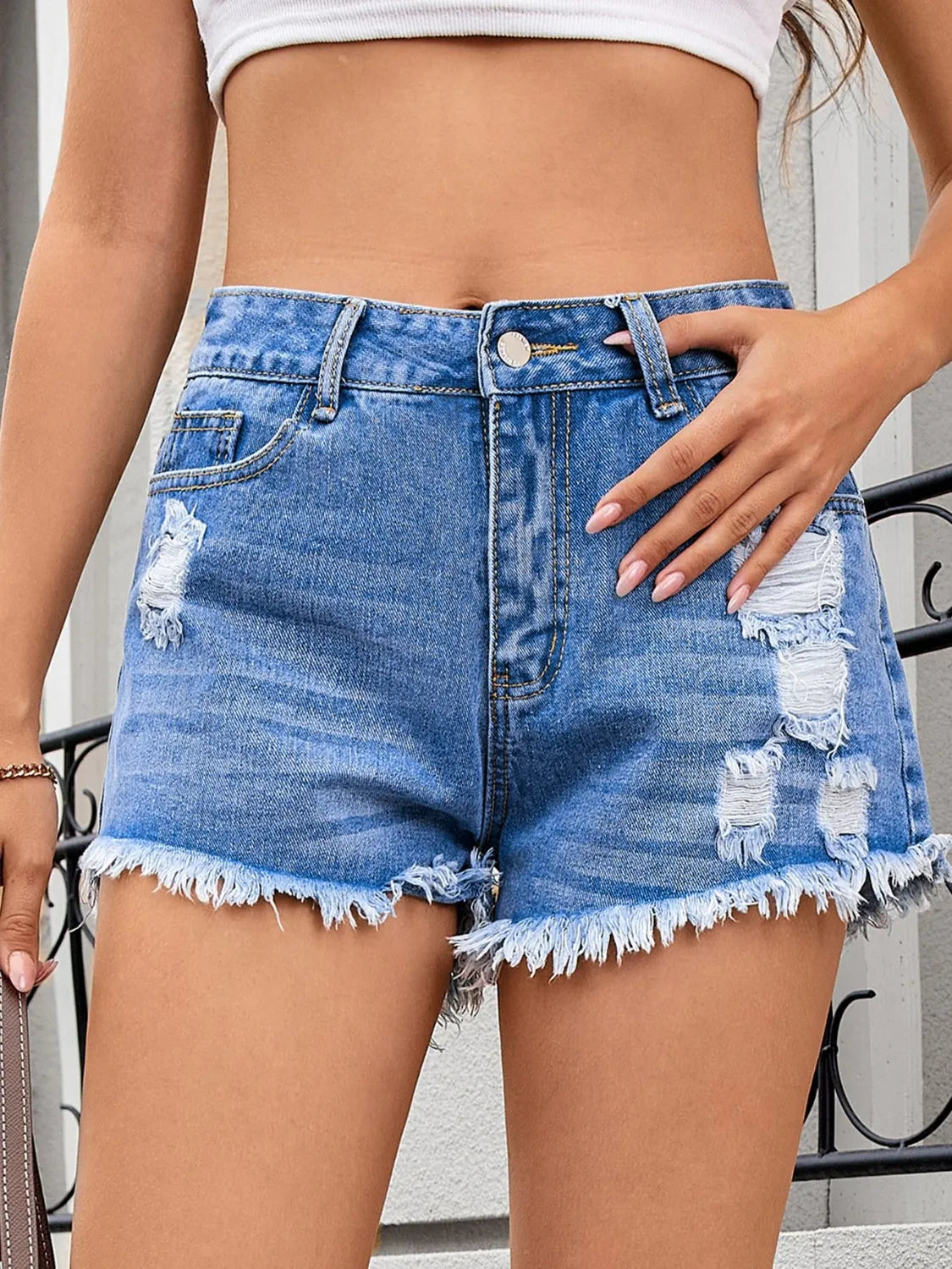 Distressed Raw Hem Denim Shorts (10)