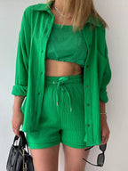 Texture Button Up Shirt Drawstring Shorts Set
