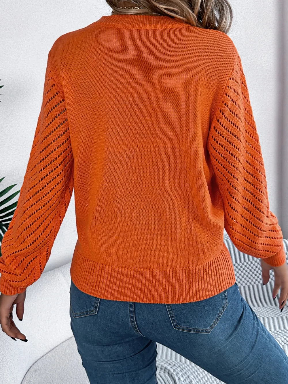 Openwork Round Neck Long Sleeve Knit Top (8)