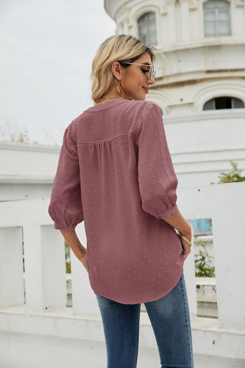 Swiss Dot Notched Neck Three-quarter Sleeve Blouse (23)