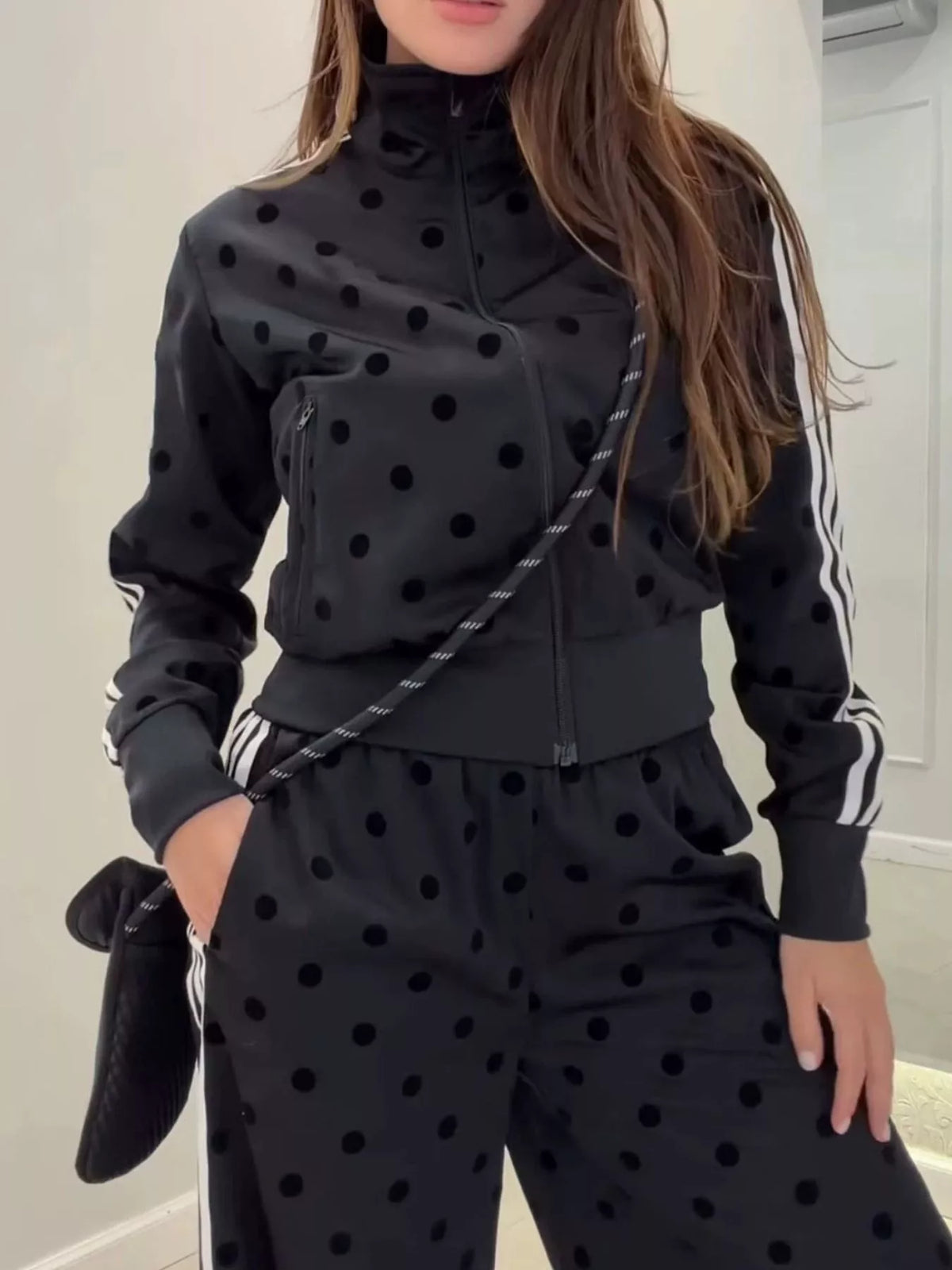 Polka Dot Side Striped Outerwear Pants Set (23)
