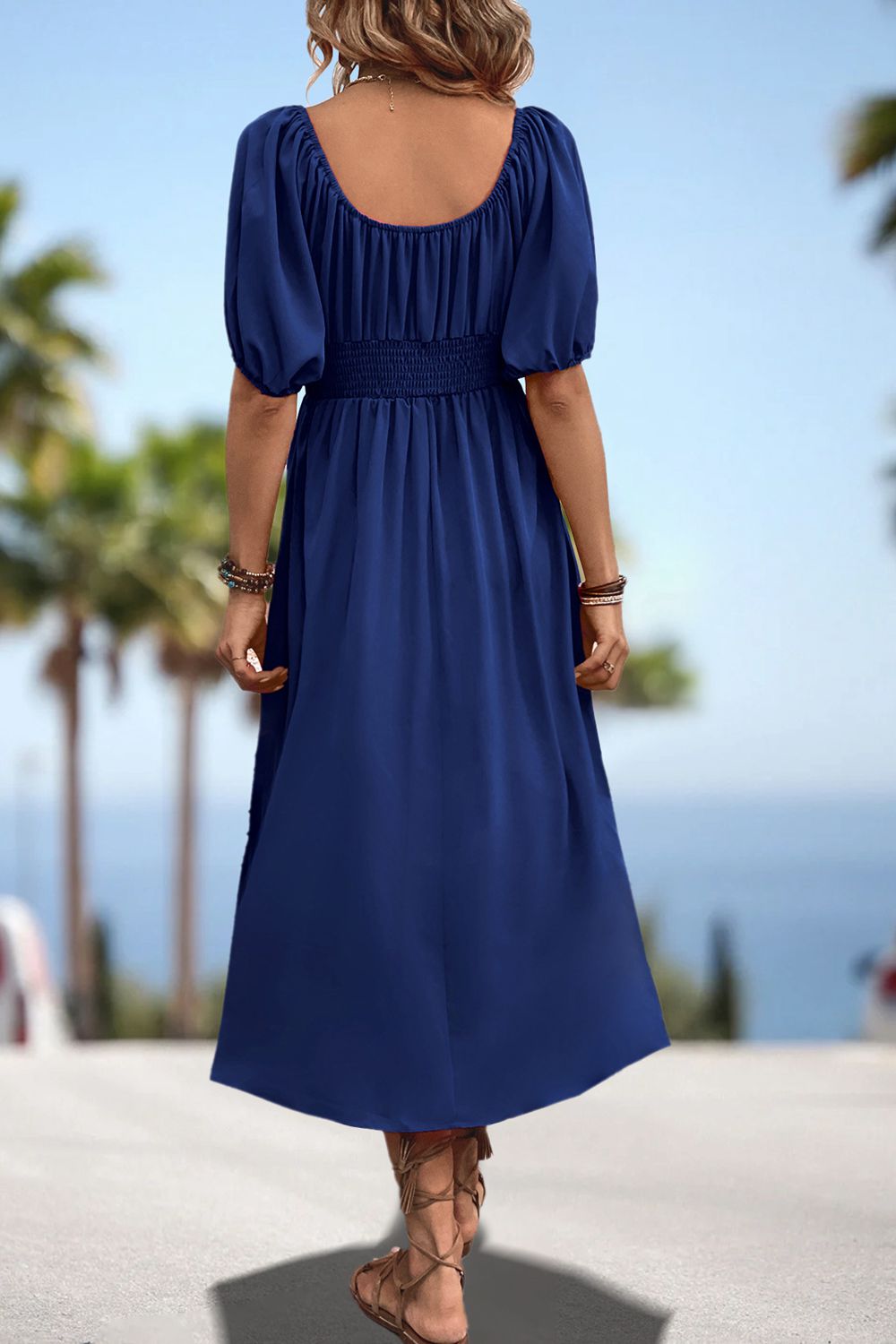 Square Neck Smocked Waist Puff Sleeve Midi Dress (12)