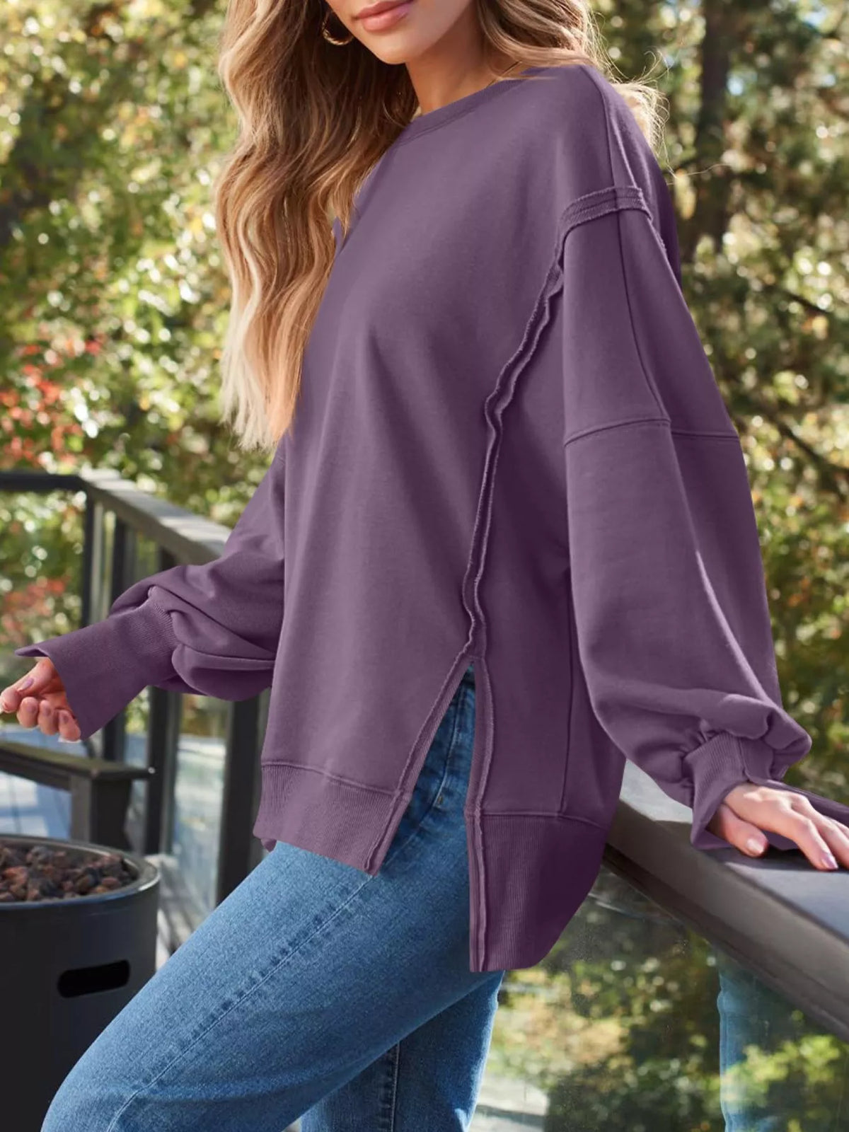 Side Slit Long Sleeve Oversized Sweatshirt (31)