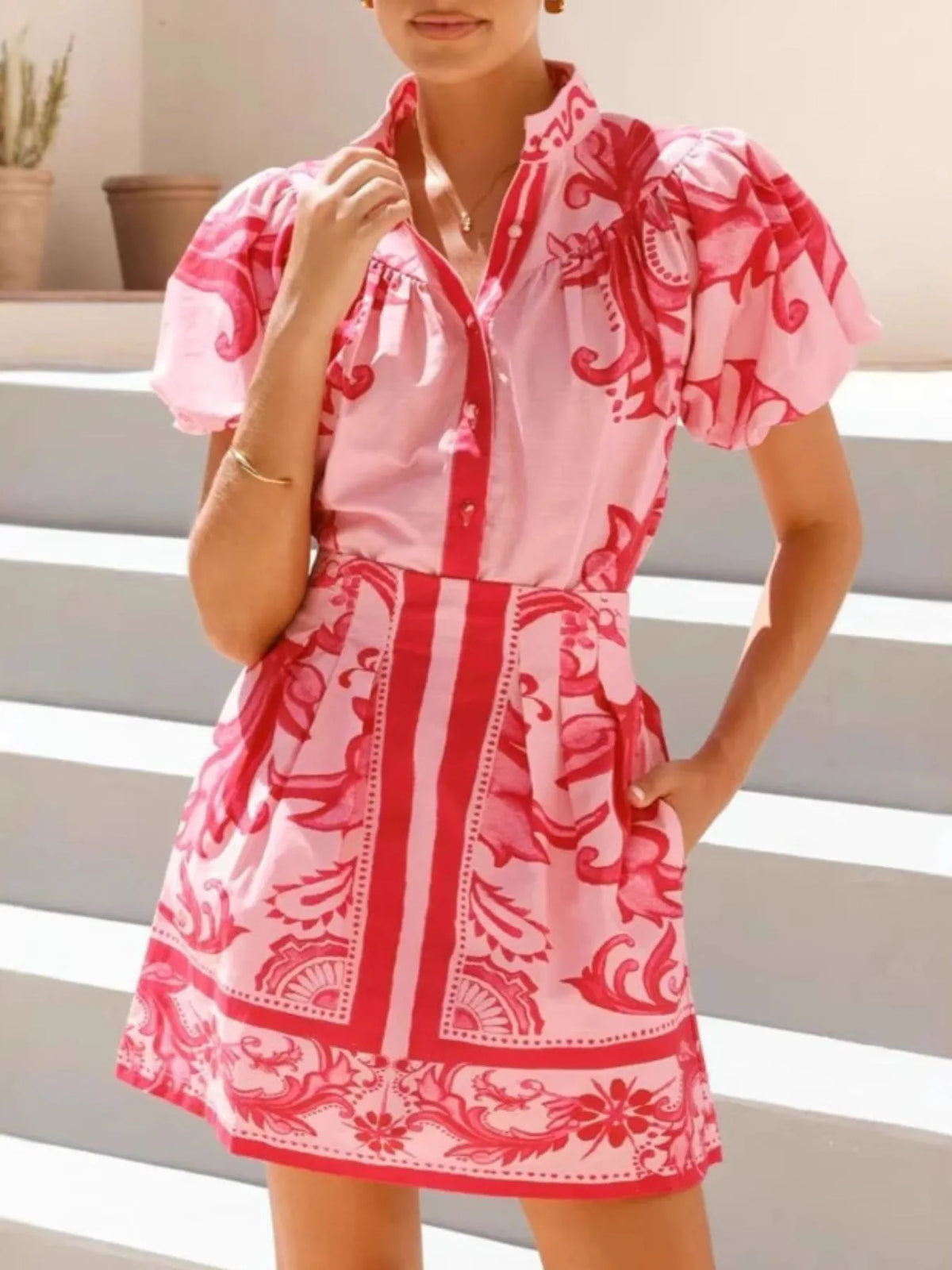 Printed Puff Sleeve Top Skirt Set (15)