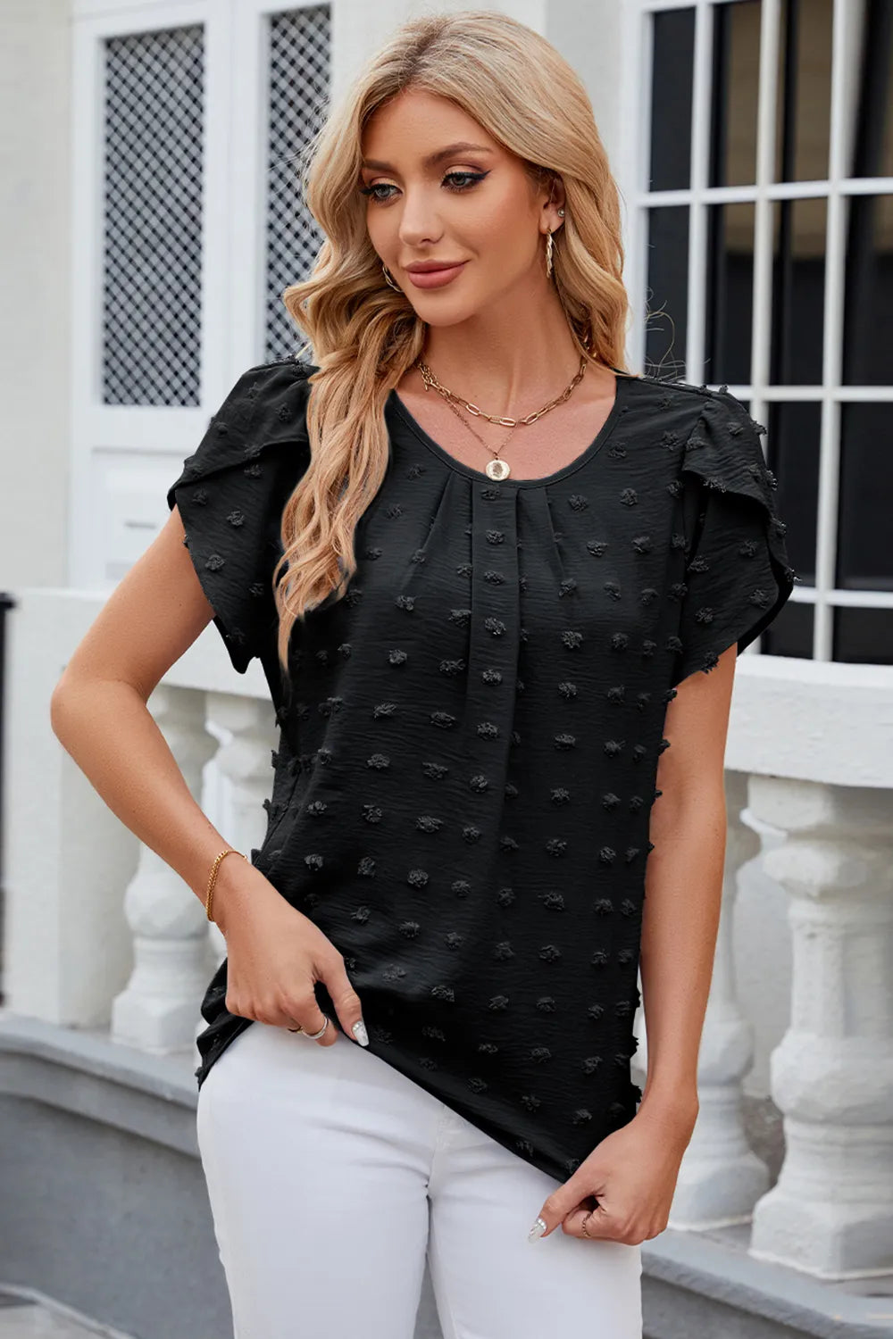 Swiss Dot Round Neck Short Sleeve T-shirt (7)