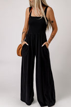 Smocked Square Neck Wide Leg Jumpsuit Pockets