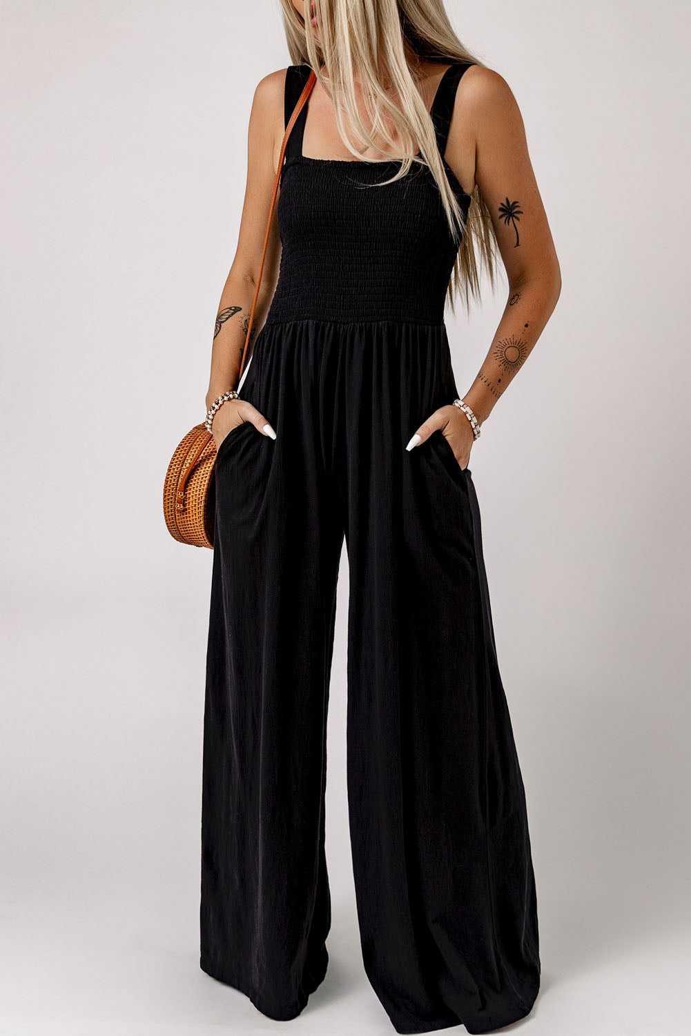 Smocked Square Neck Wide Leg Jumpsuit Pockets