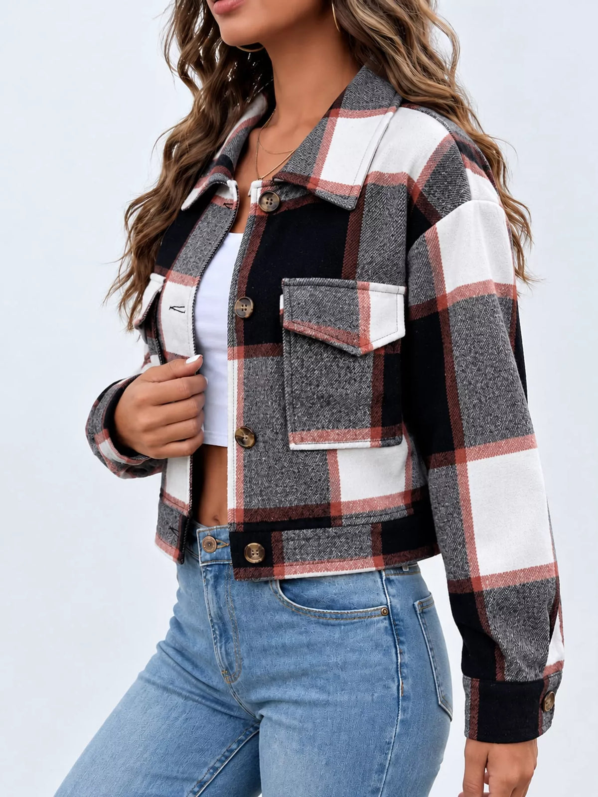 Plaid Button-up Cropped Jacket (21)