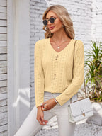 Decorative Button Openwork V-neck T-shirt (11)
