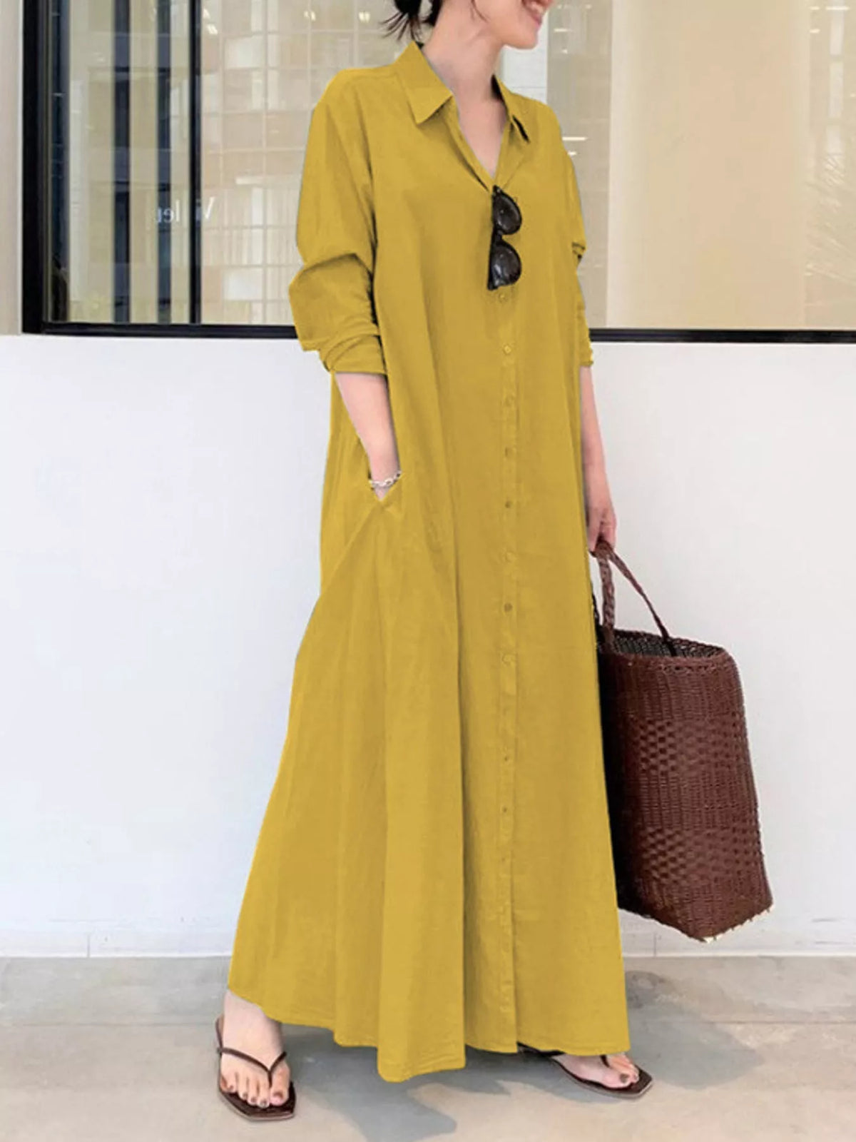 Full Size Button Front Long Sleeve Maxi Shirt Dress Plus (43)