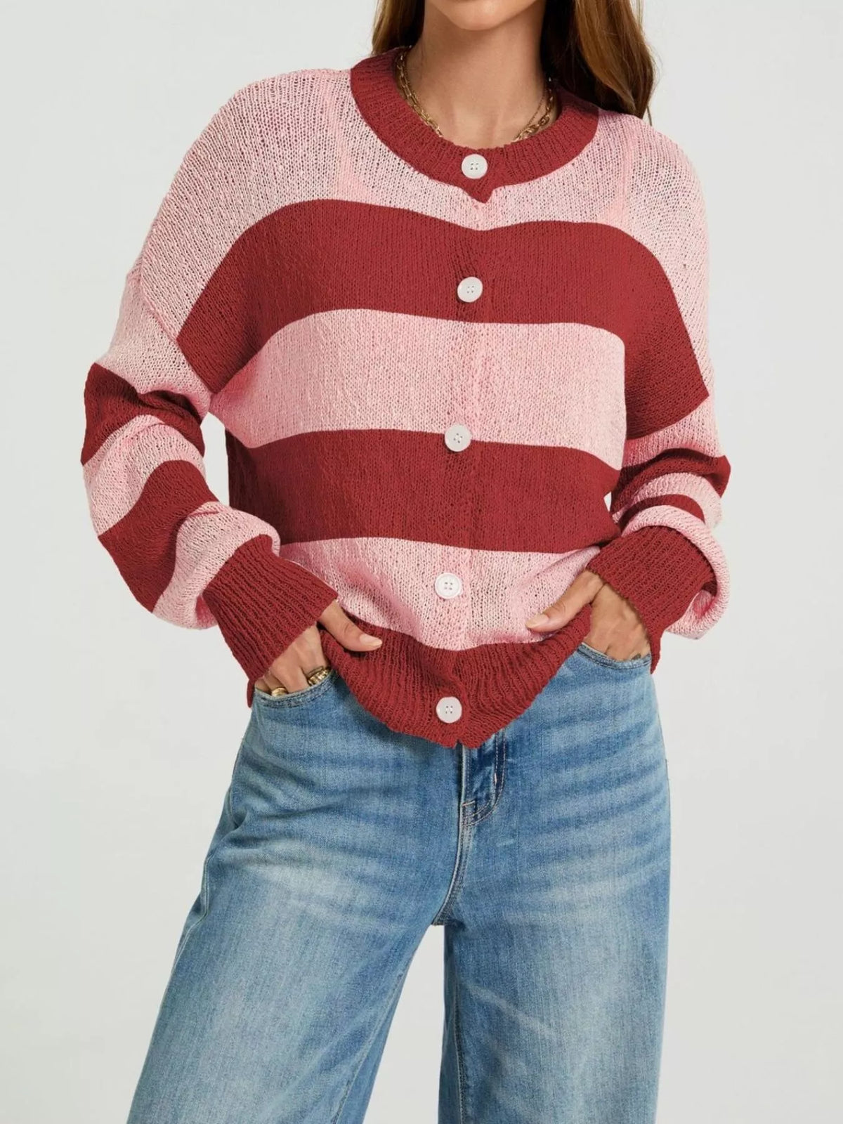 Casual Striped Button-down Knit Cardigan (7)
