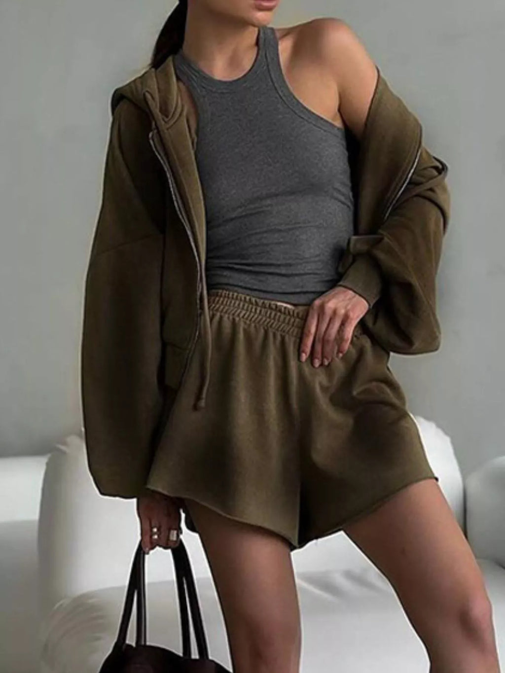 Zip Up Long Sleeve Outerwear Shorts Set (26)