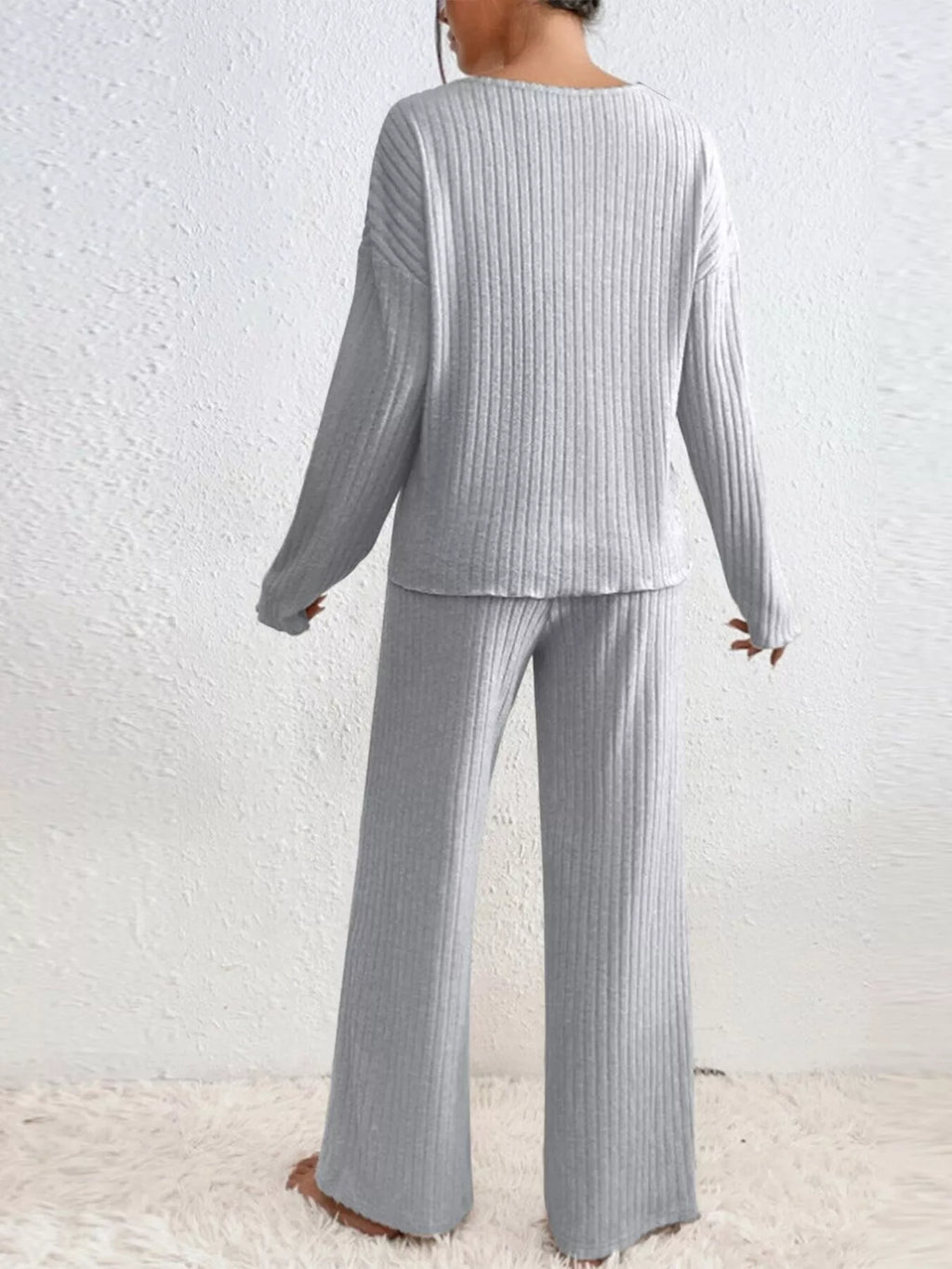 Ribbed V-neck Top Pants Set (3)