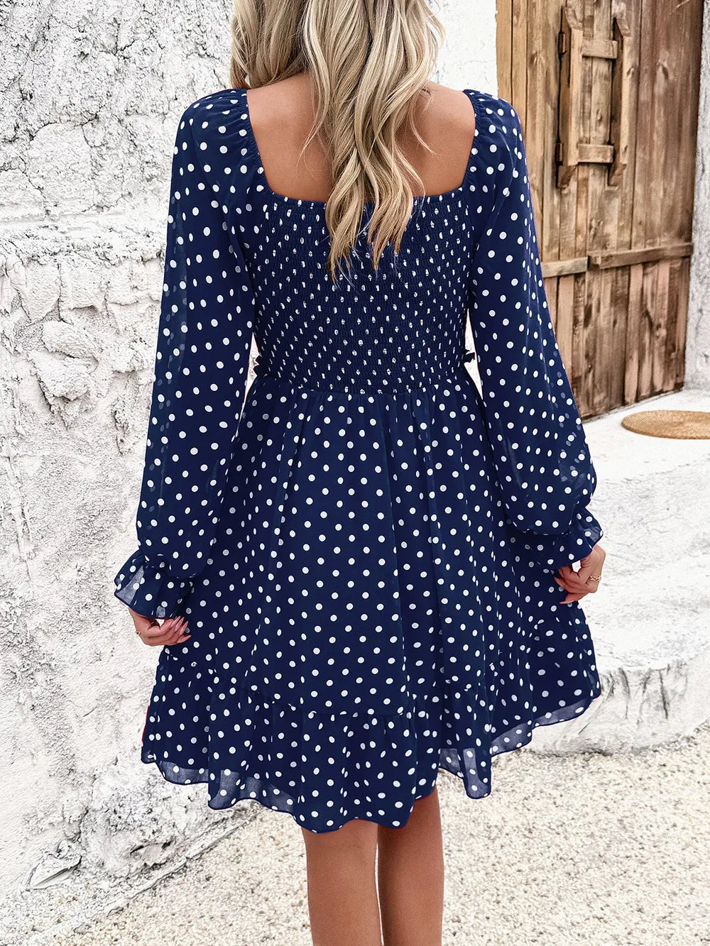 Smocked Polka Dot Long Sleeve Dress (3)