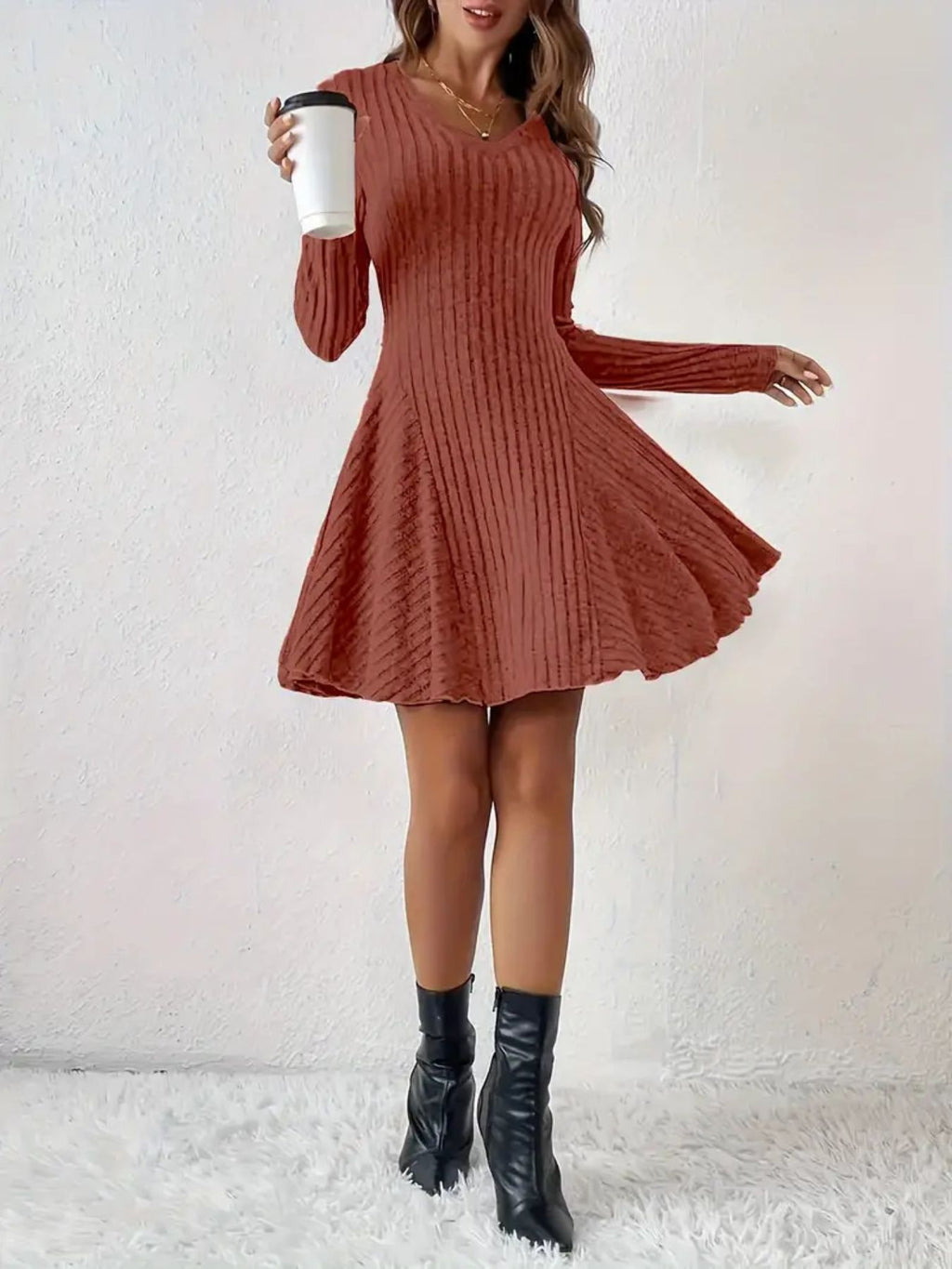 Ribbed Knit Long Sleeve A-line Dress (23)