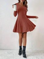 Ribbed Knit Long Sleeve A-line Dress (23)