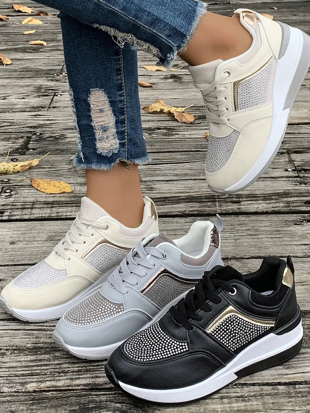 Lace-up Rhinestone Wedge Sneakers