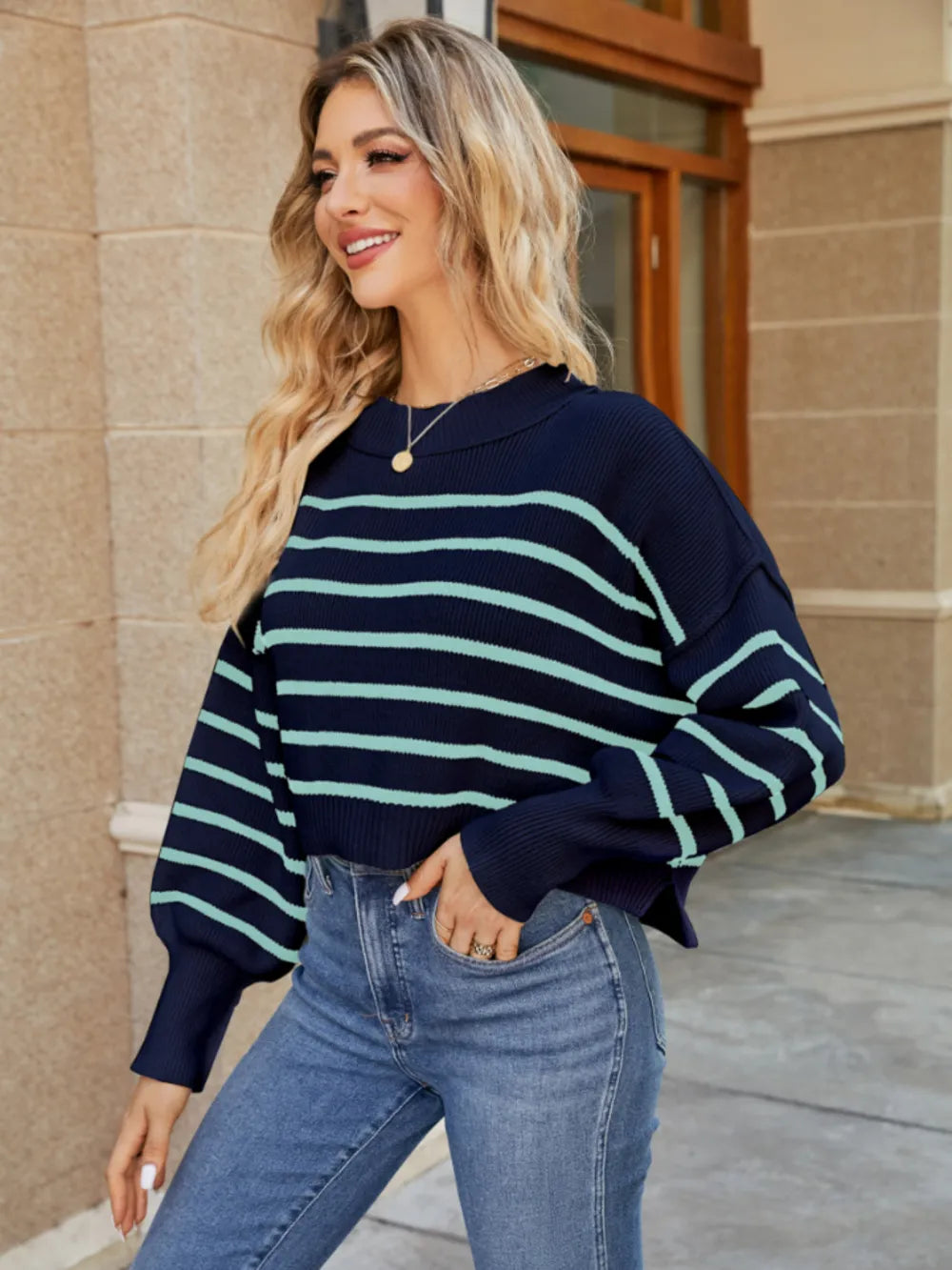 Round Neck Striped Lantern Sleeve Sweater (12)
