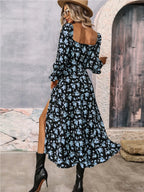 Floral Print Square Neck Flounce Sleeve Dress Side Slit (13)